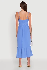 Womens Tie Front Keyhole Flounce Hem Maxi Dress, Blue, Size M