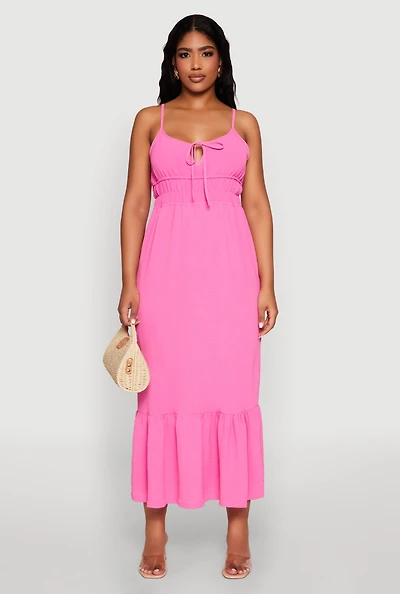 Womens Tie Front Keyhole Flounce Hem Maxi Dress, Pink, Size L