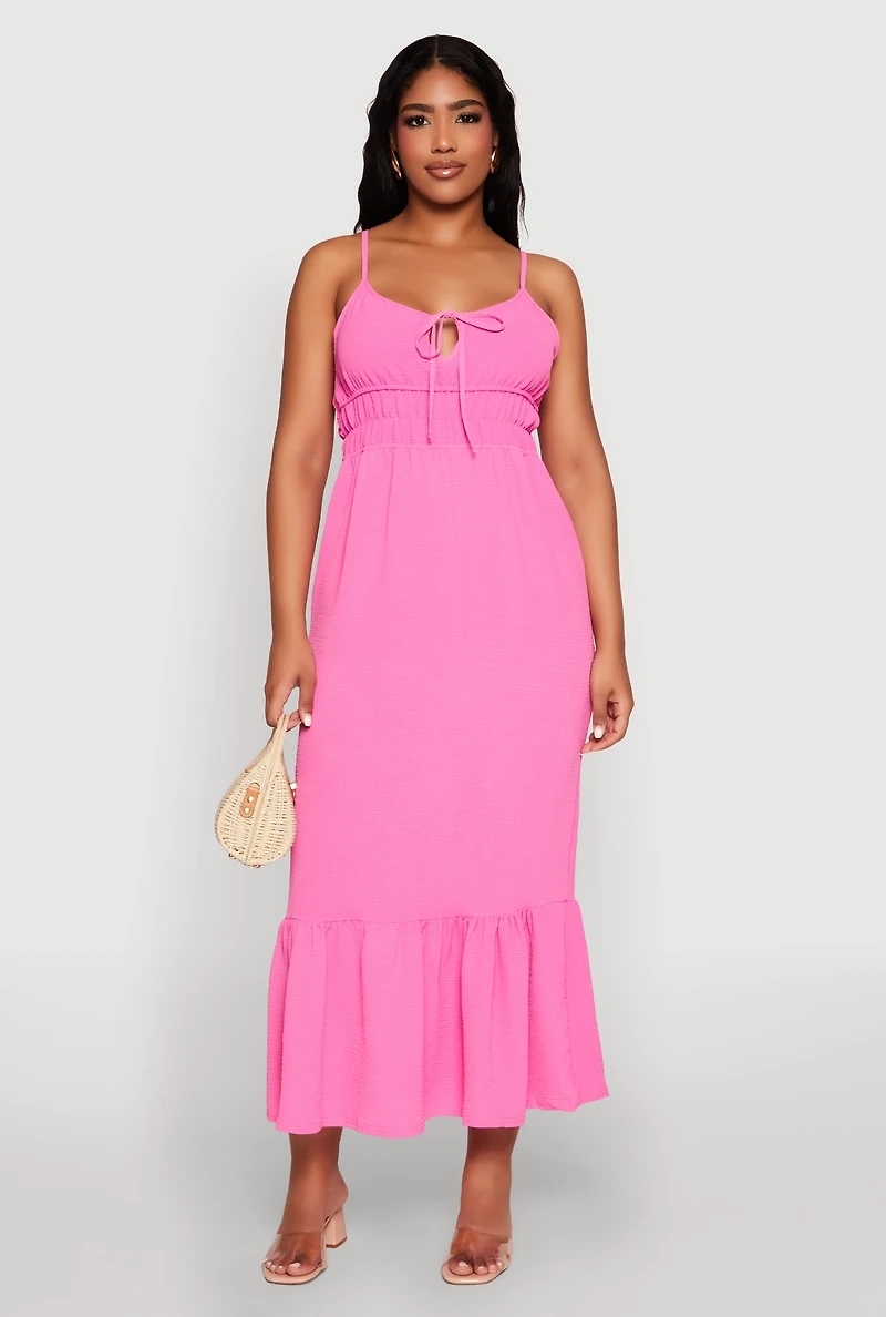 Womens Tie Front Keyhole Flounce Hem Maxi Dress, Pink, Size L