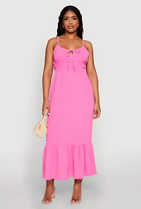 Womens Tie Front Keyhole Flounce Hem Maxi Dress, Pink, Size L