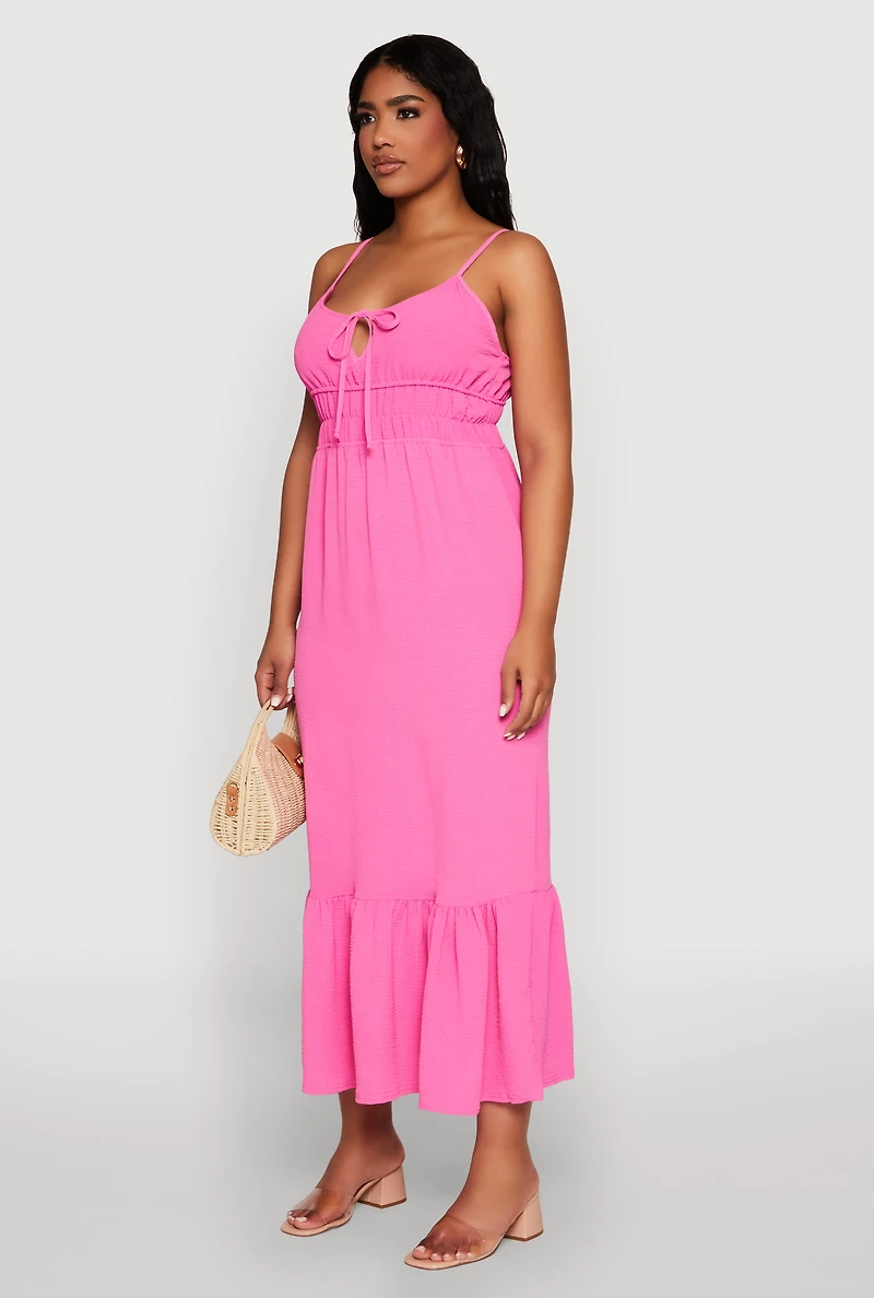 Womens Tie Front Keyhole Flounce Hem Maxi Dress, Pink, Size L