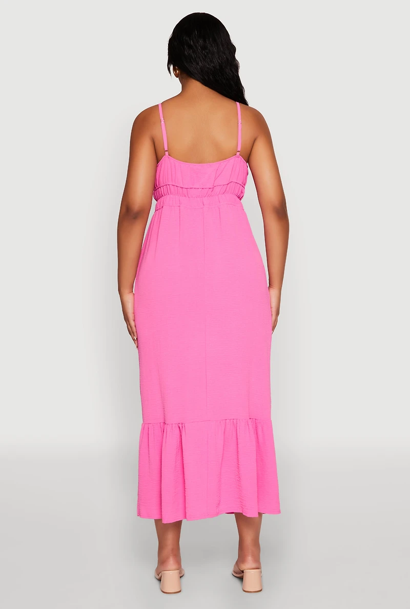 Womens Tie Front Keyhole Flounce Hem Maxi Dress, Pink, Size M