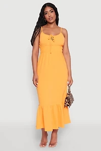 Womens Tie Front Keyhole Flounce Hem Maxi Dress, Orange, Size M