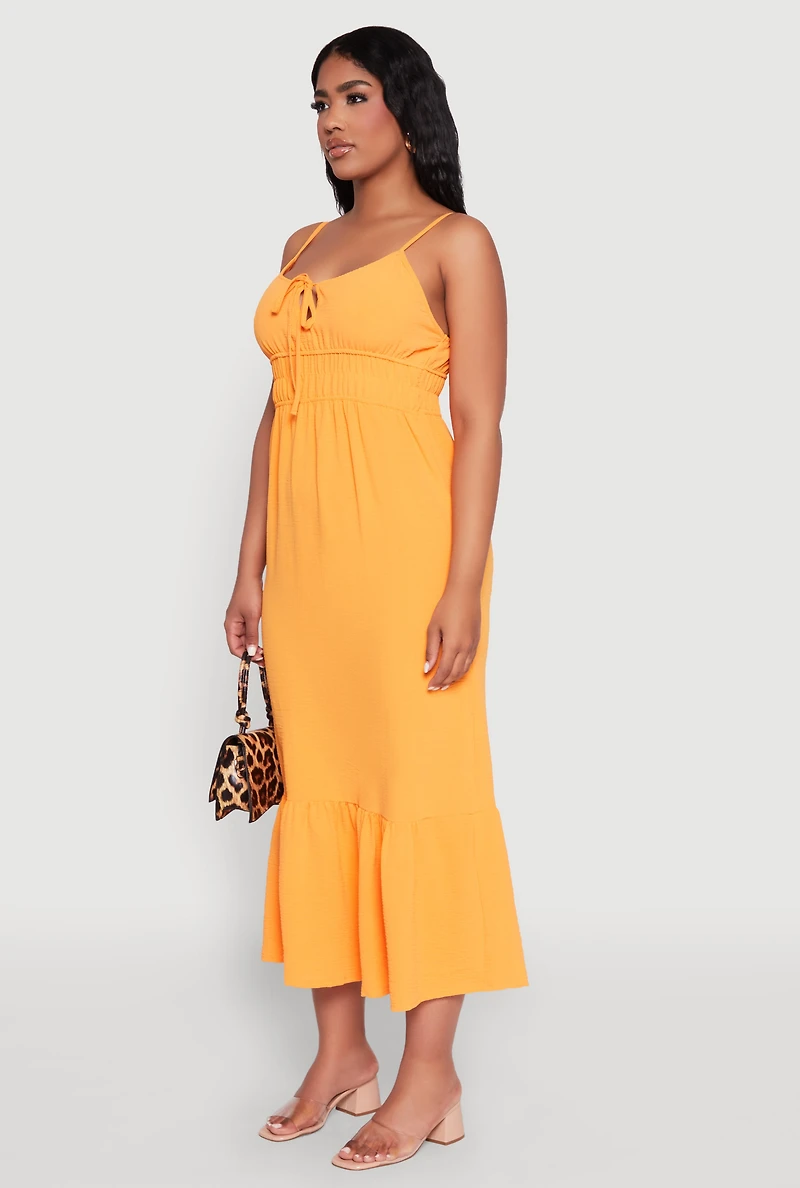 Womens Tie Front Keyhole Flounce Hem Maxi Dress, Orange,