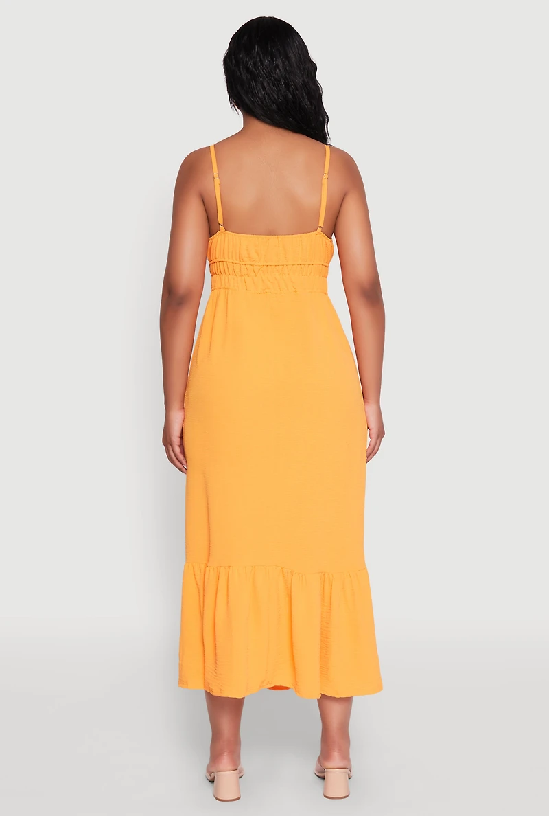 Womens Tie Front Keyhole Flounce Hem Maxi Dress,