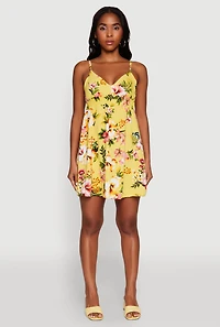 Womens Floral Print V Neck Sundress with Adjustable Straps, Yellow, Size M