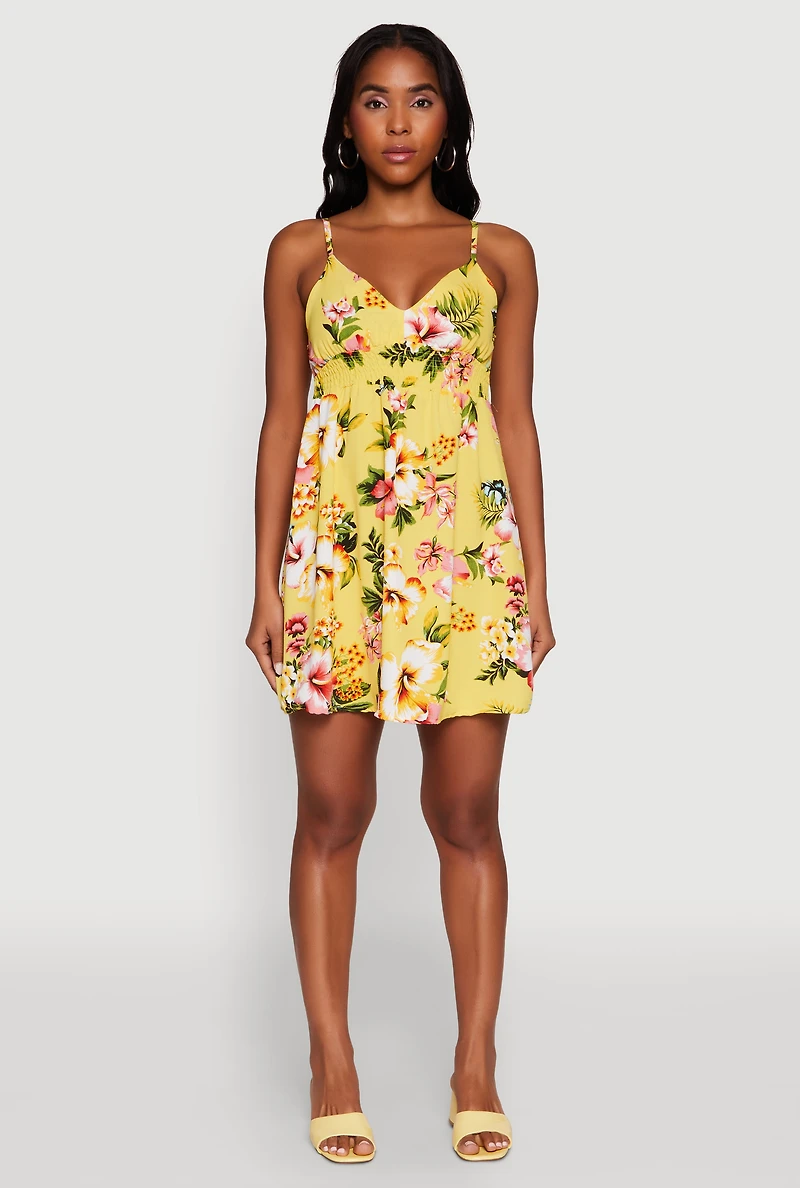 Womens Floral Print V Neck Sundress with Adjustable Straps, Yellow, Size XL