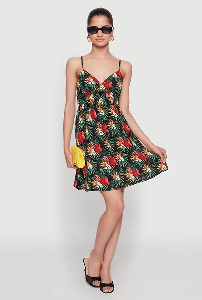 Floral Tropical Print Sleeveless Sundress with V Neck