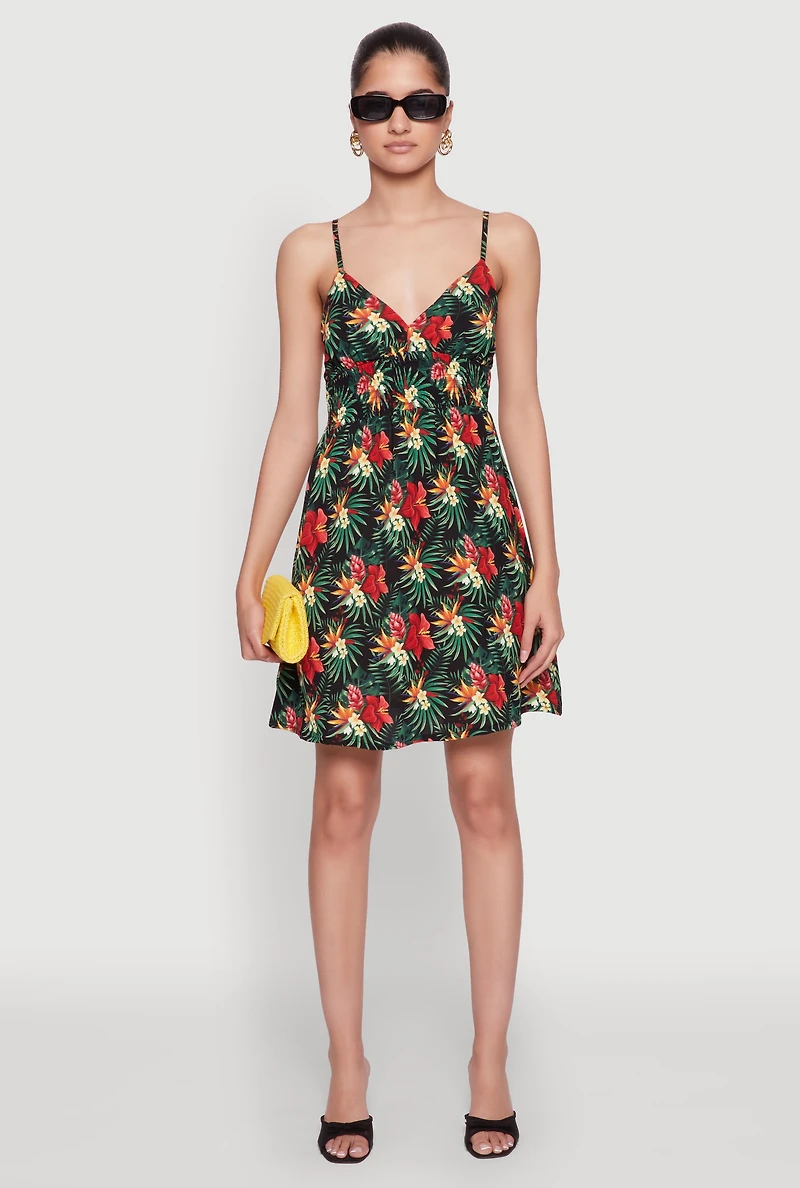 Floral Tropical Print Sleeveless Sundress with V Neck
