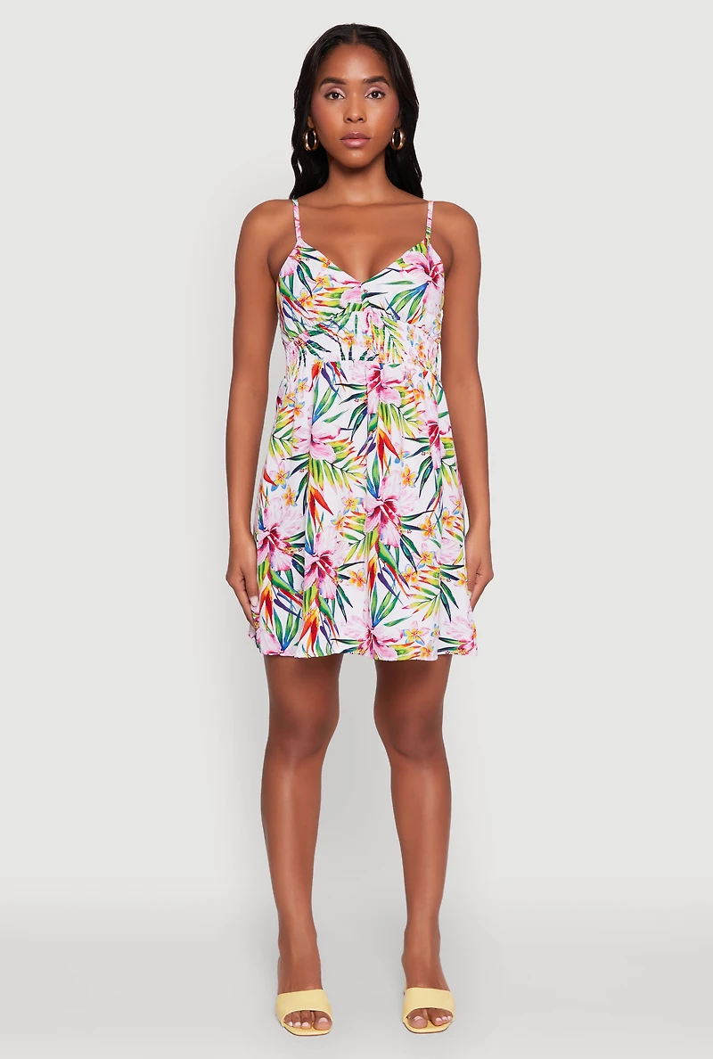 Womens Tropical Floral Sleeveless Sundress, Multi, Size L