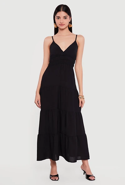 Solid Crepe Knit Tiered Maxi Dress