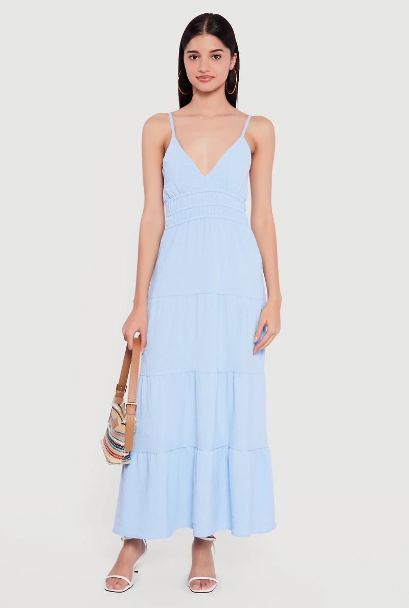 Solid Crepe Knit Tiered Maxi Dress
