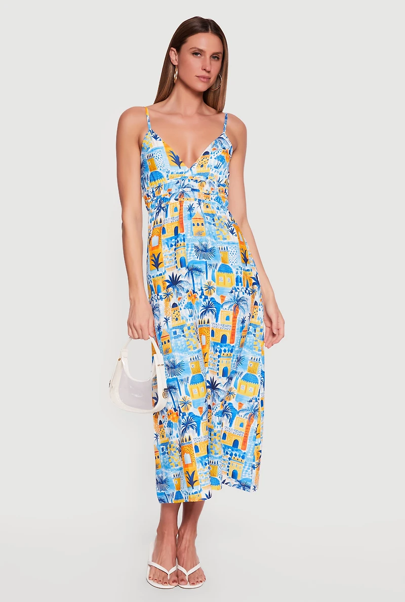 Tropical Vacation Print Cami Maxi Dress
