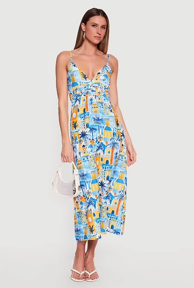 Tropical Vacation Print Cami Maxi Dress