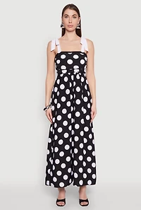 Womens Tie Shoulder Polka Dot Maxi Dress, Black, Size S