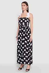 Womens Tie Shoulder Polka Dot Maxi Dress, Black, Size S