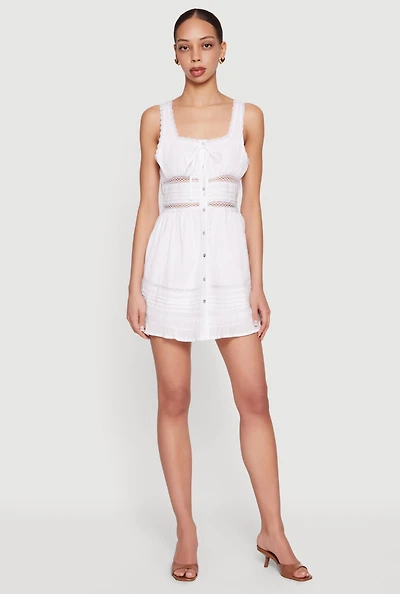 Lace Trim Button Front Mini Dress