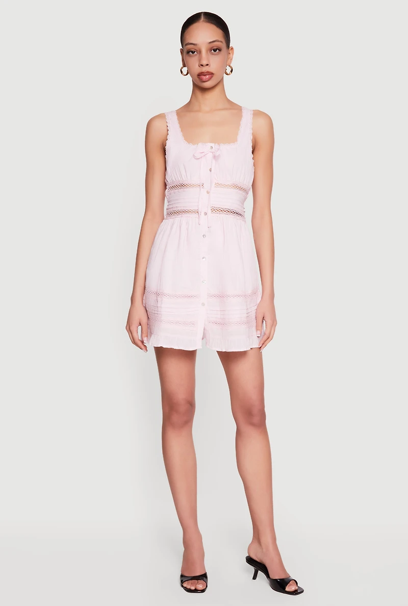 Lace Trim Button Front Mini Dress