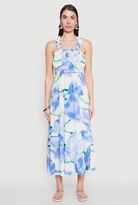 Womens Floral Square Neck Tiered Midi Dress, Blue, Size S