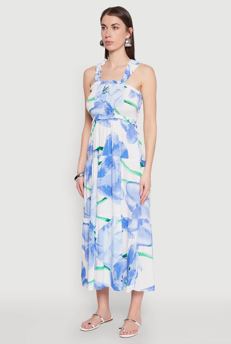 Womens Floral Square Neck Tiered Midi Dress, Blue, Size M