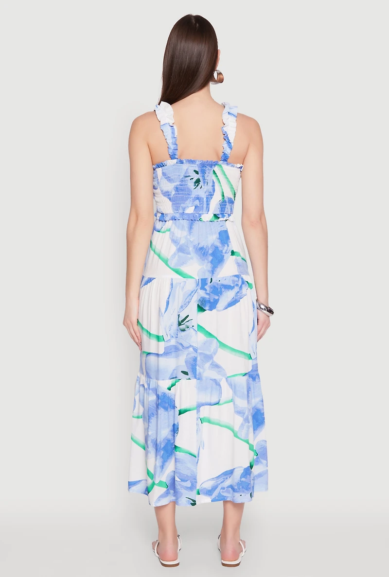 Womens Floral Square Neck Tiered Midi Dress, Blue,