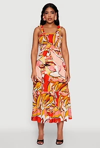 Womens Printed Pattern Smocked Tiered Dress, Multi, Size M