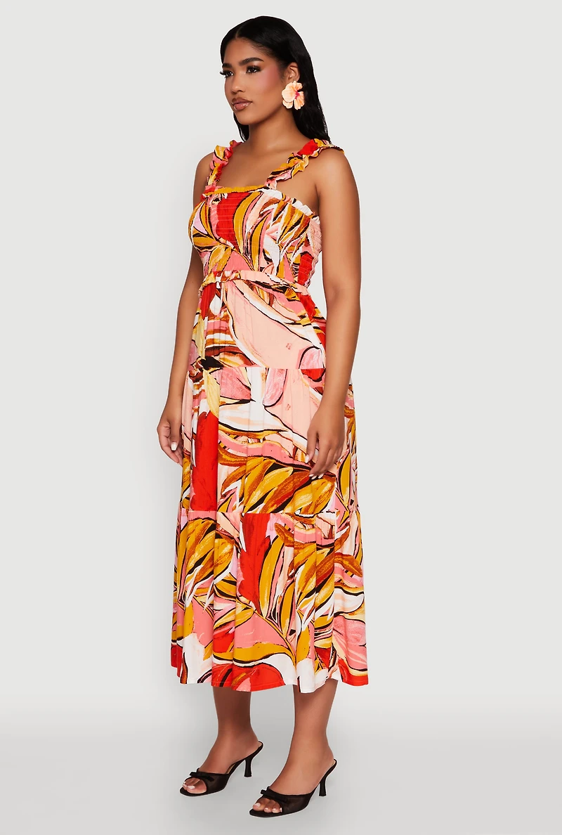 Womens Printed Pattern Smocked Tiered Dress, Multi, Size M