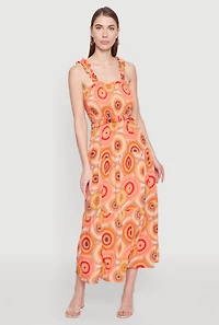 Womens Square Neck Tiered Midi Dress, Orange, Size M