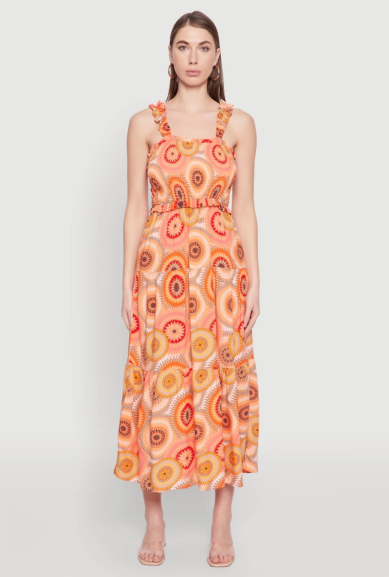 Womens Square Neck Tiered Midi Dress, Orange, Size M
