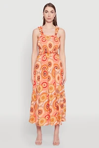 Womens Square Neck Tiered Midi Dress, Orange, Size M