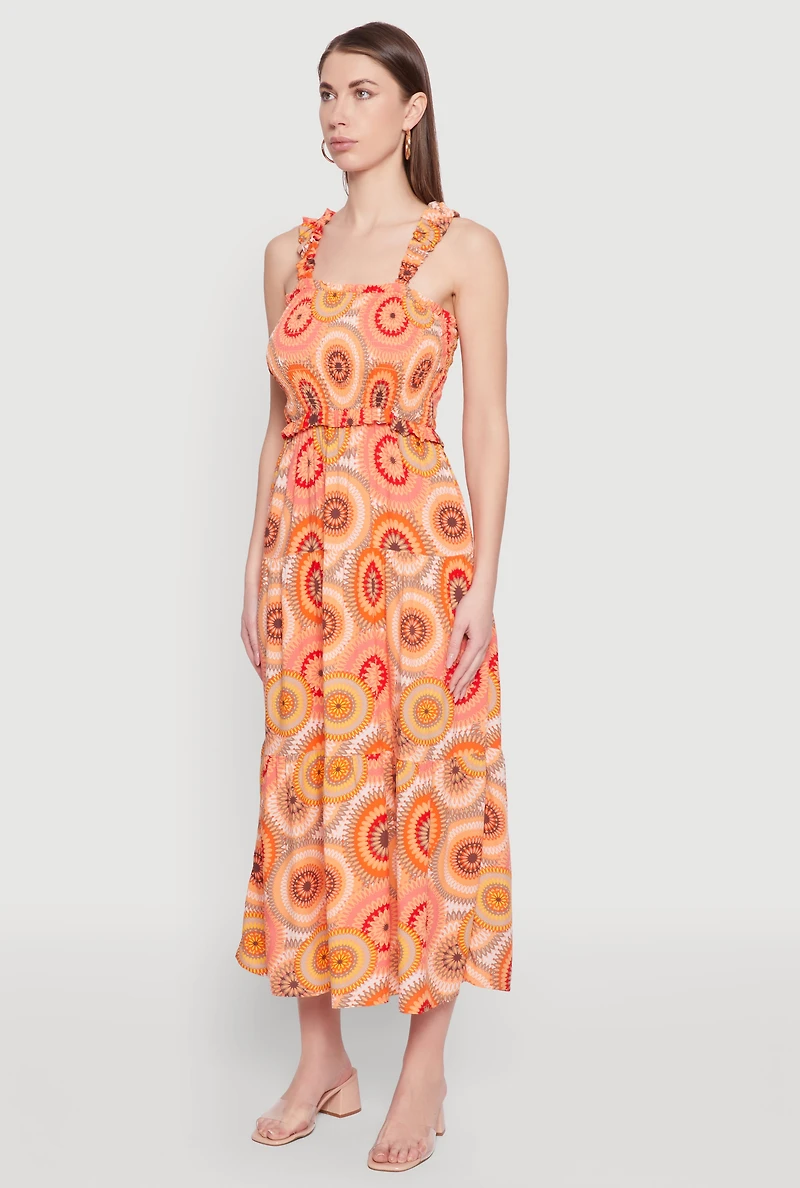 Womens Square Neck Tiered Midi Dress, Orange, Size M