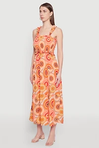 Womens Square Neck Tiered Midi Dress, Orange, Size M