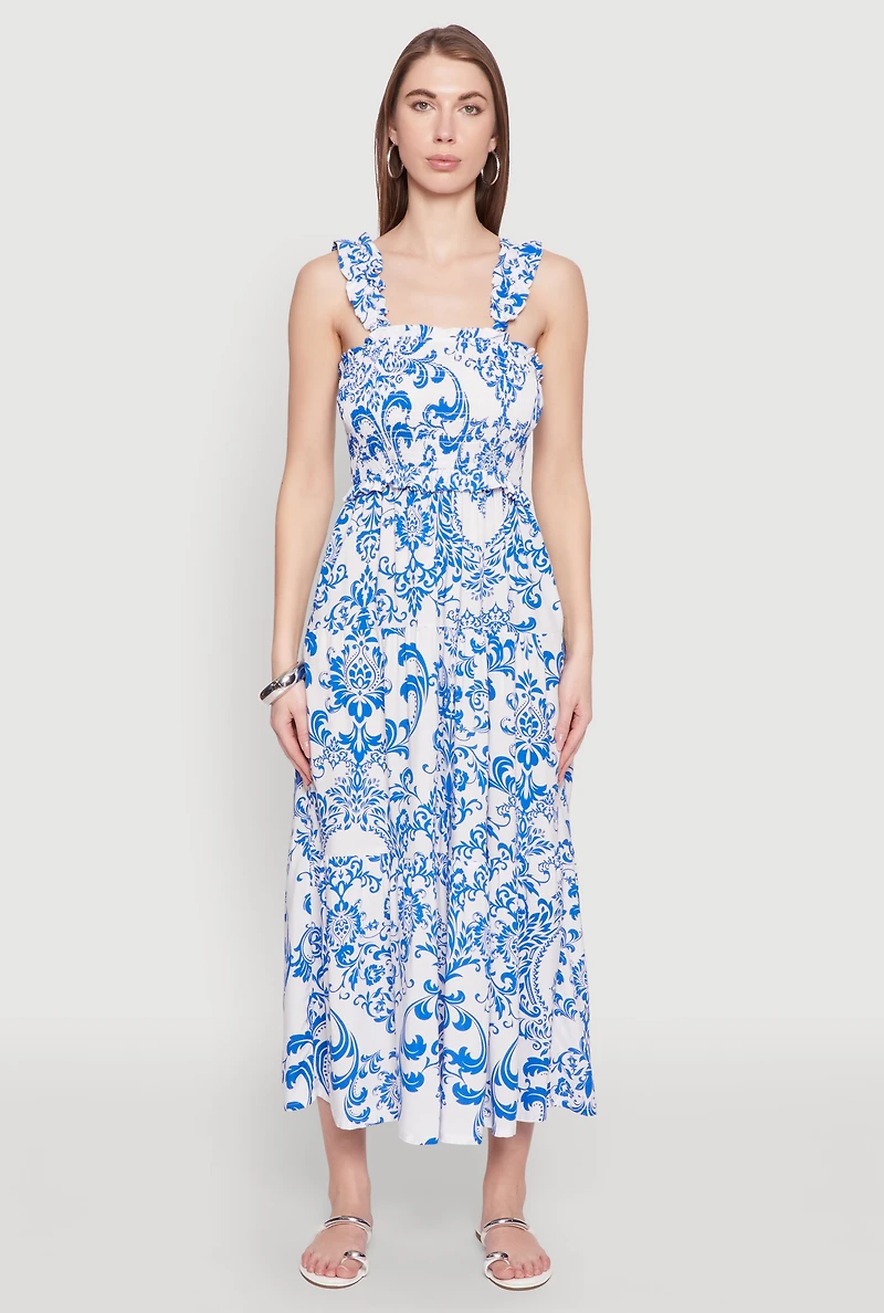 Womens Ruffle Strap Printed Smocked Sundress, Blue, Size M