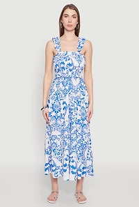 Womens Ruffle Strap Printed Smocked Sundress, Blue, Size M