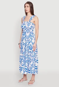 Womens Ruffle Strap Printed Smocked Sundress, Blue, Size M