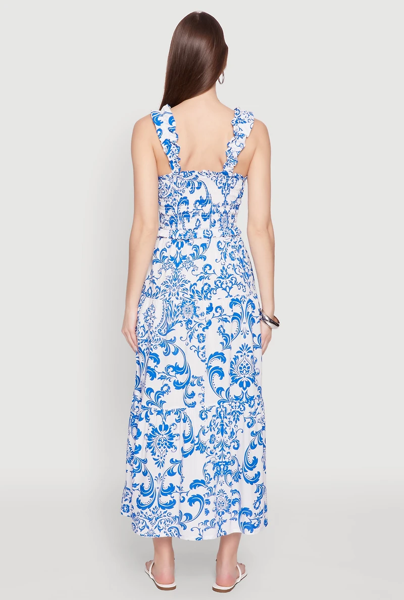 Womens Ruffle Strap Printed Smocked Sundress, Blue, Size M