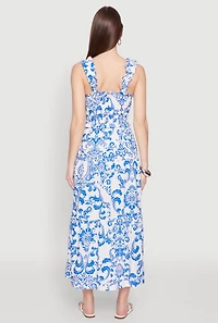 Womens Ruffle Strap Printed Smocked Sundress, Blue, Size M