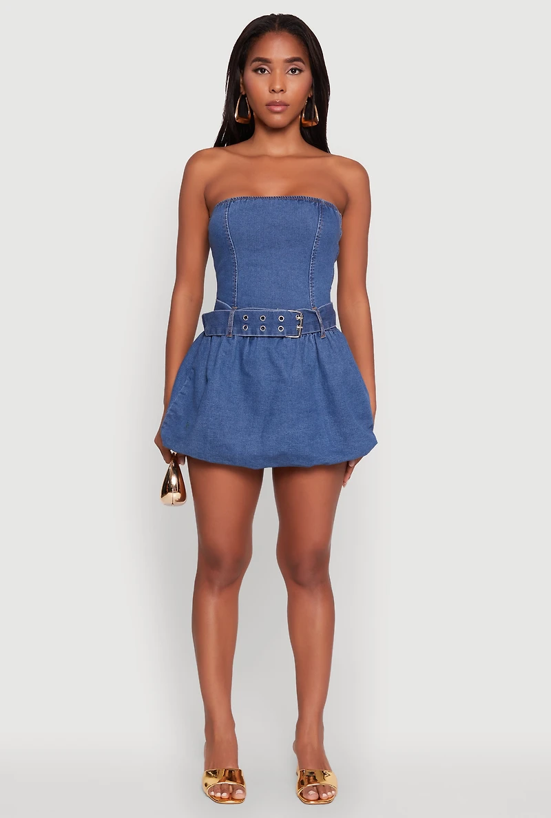 Womens Trendy Denim Skater Dress with Belt and Grommets, Blue, Size L