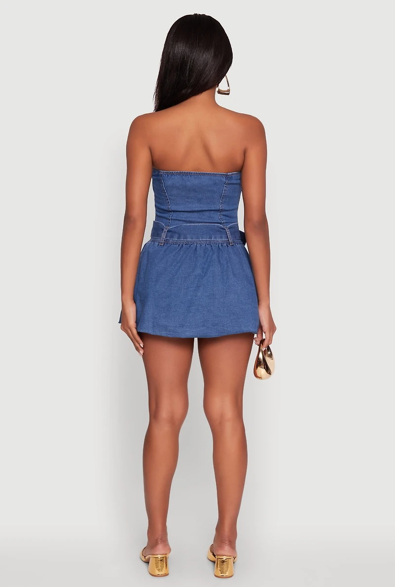 Womens Trendy Denim Skater Dress with Belt and Grommets, Blue, Size L