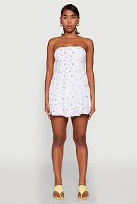 Womens Floral Strapless Corset Skater Dress, White,