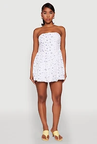 Womens Floral Strapless Corset Skater Dress, White,