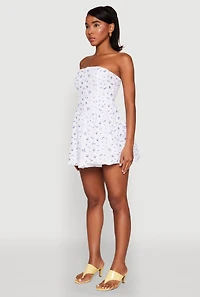 Womens Floral Strapless Corset Skater Dress, White,