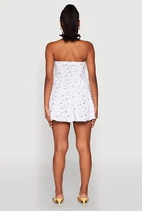 Womens Floral Strapless Corset Skater Dress, White,