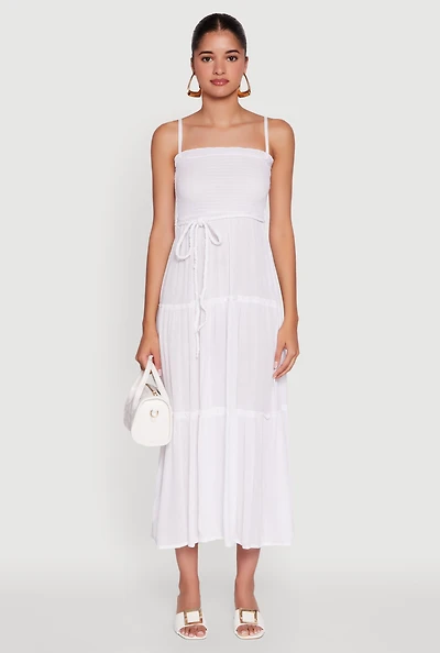 Womens Tiered A-Line Maxi Dress with Tie Waist Belt, White,