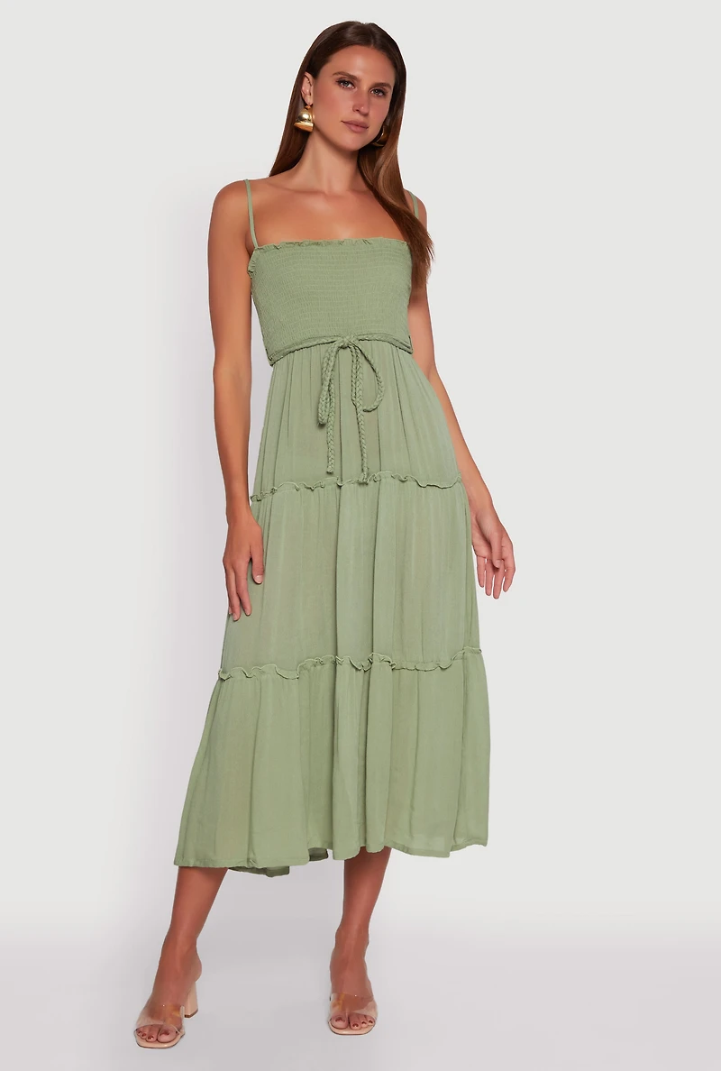 Womens Tiered A-Line Maxi Dress with Tie Waist Belt, Green, Size XL