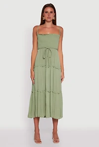Womens Tiered A-Line Maxi Dress with Tie Waist Belt, Green, Size XL
