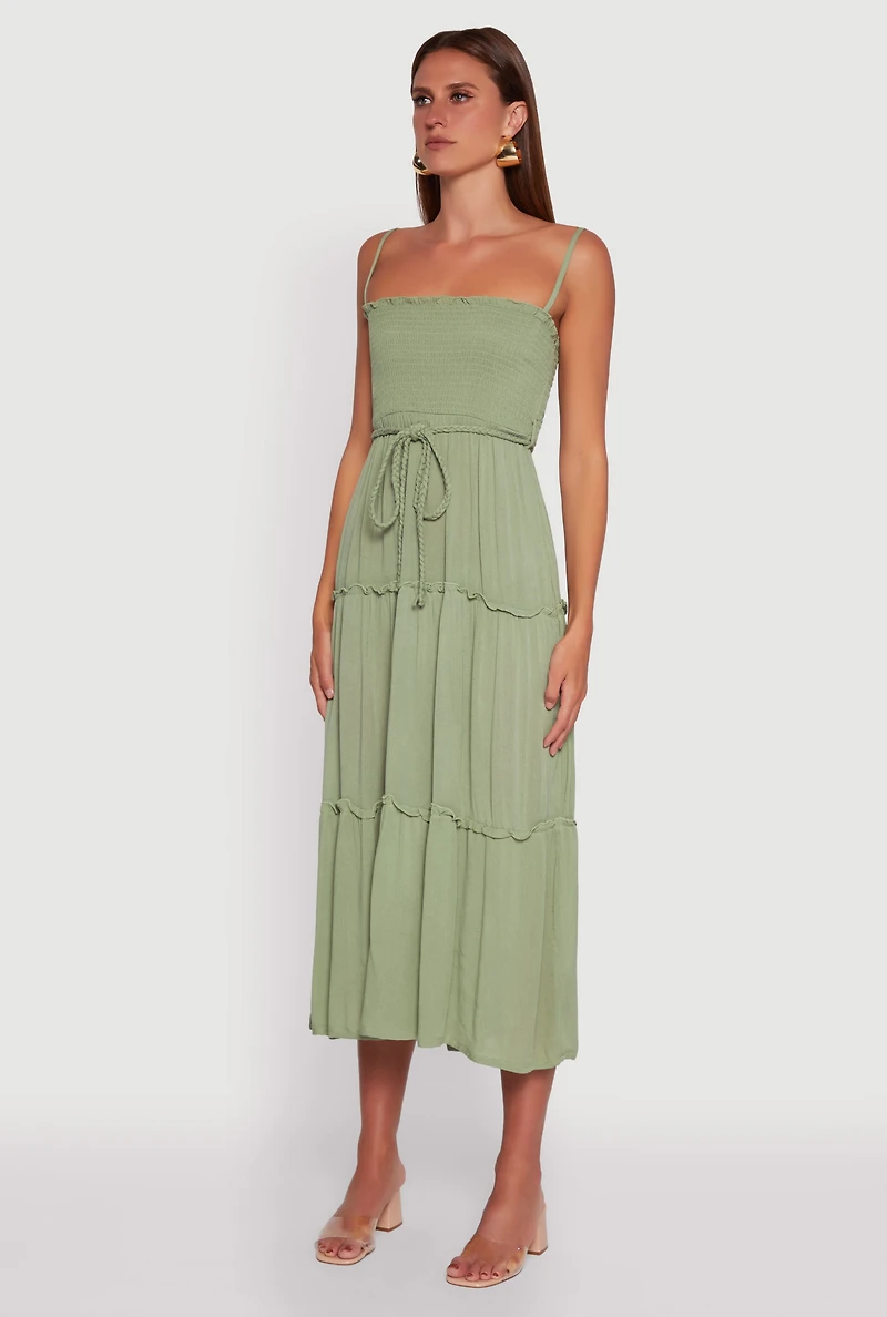 Womens Tiered A-Line Maxi Dress with Tie Waist Belt, Green, Size XL