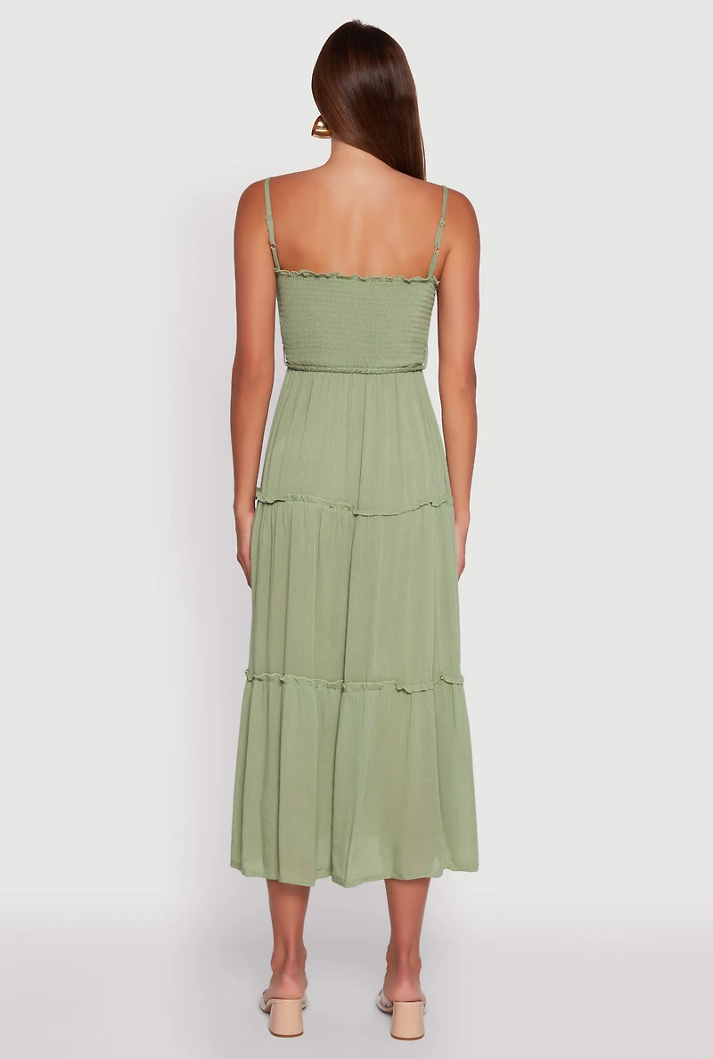 Womens Tiered A-Line Maxi Dress with Tie Waist Belt, Green, Size XL