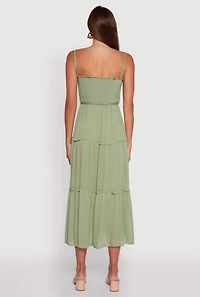 Womens Tiered A-Line Maxi Dress with Tie Waist Belt, Green, Size XL