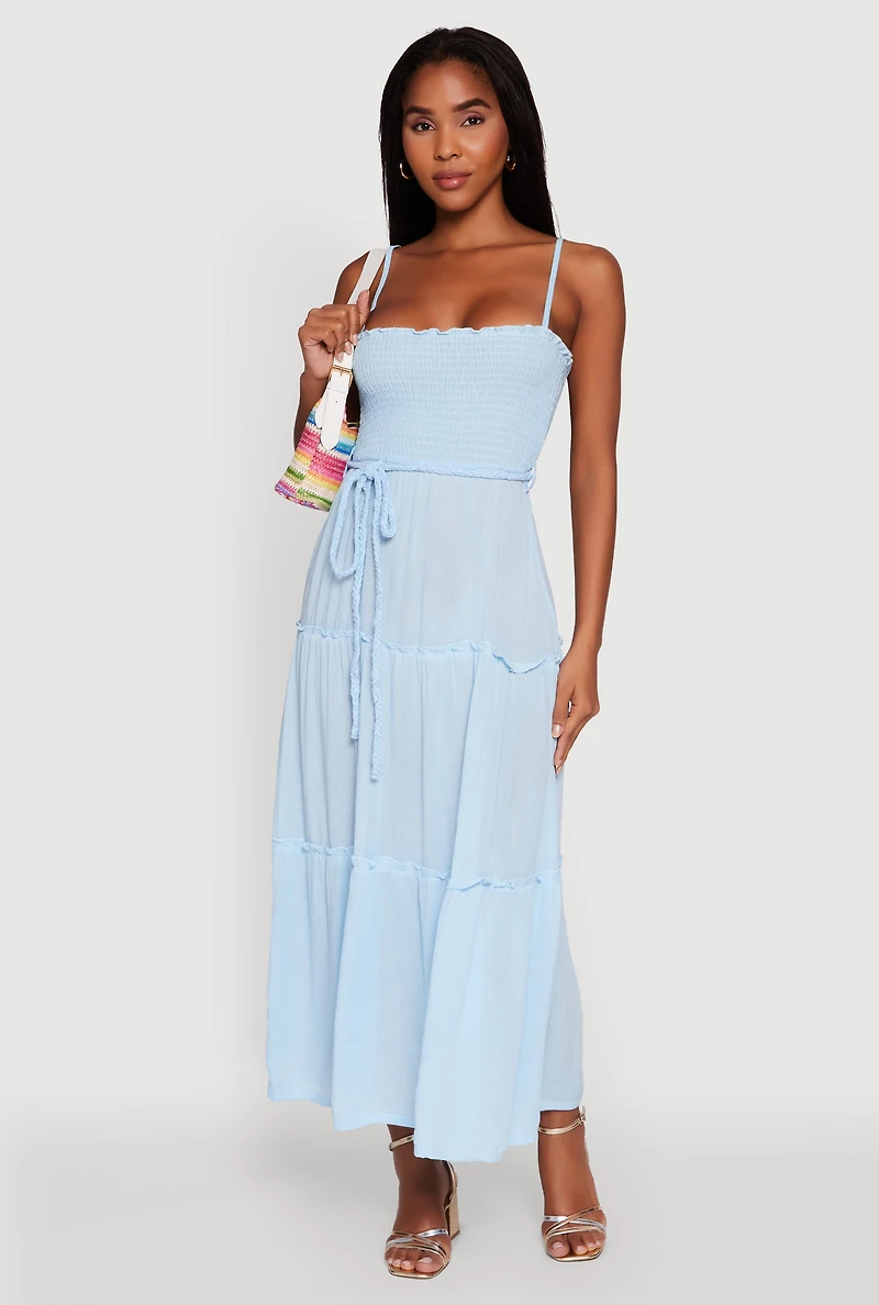 Womens Tiered A-Line Maxi Dress with Tie Waist Belt,